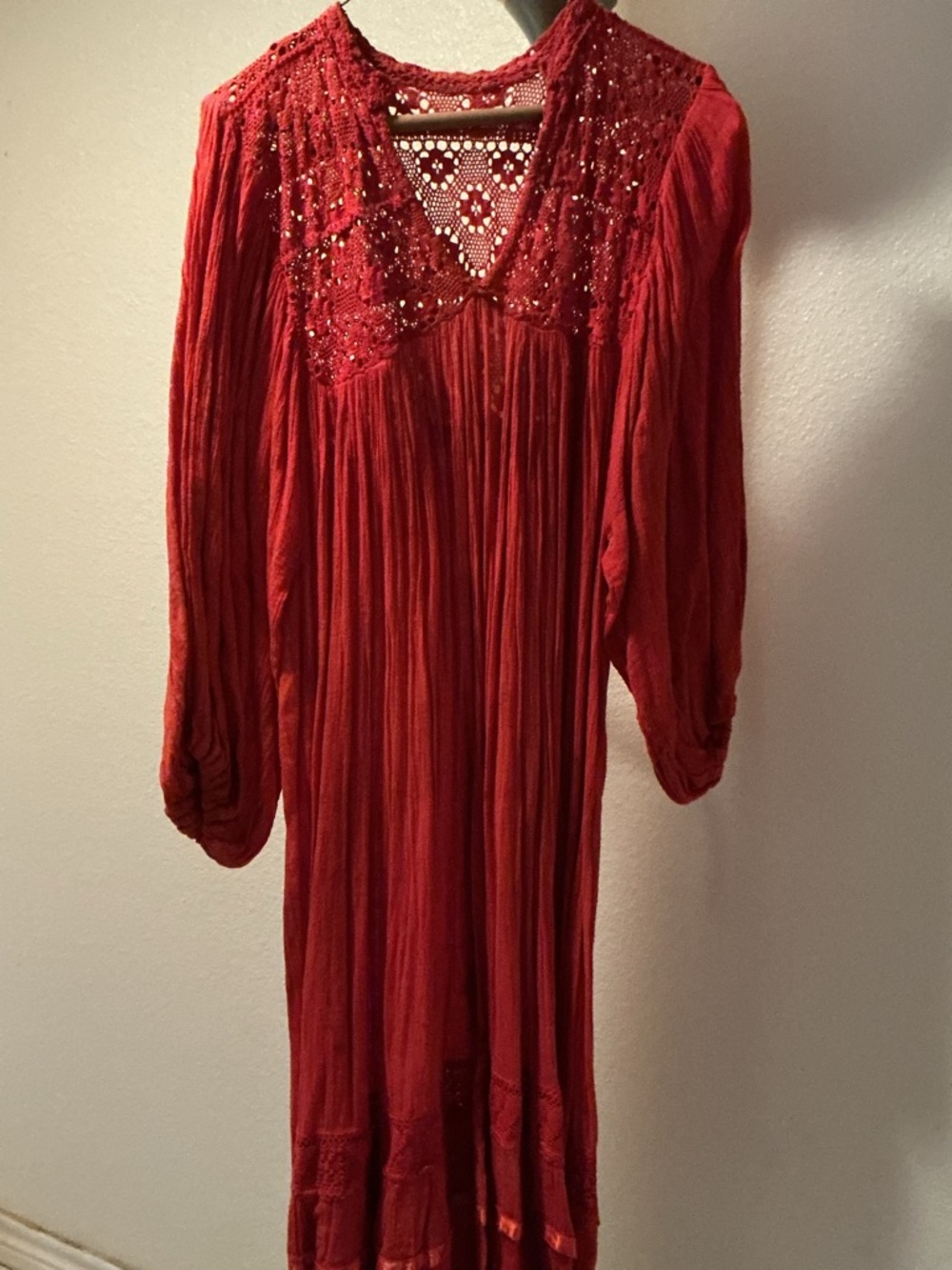 Red Bohemian Crochet Yoke Kaftan